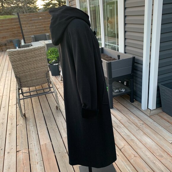 Vintage 90s Double Breasted Hooded Wool Velvet Trim Long Maxi Pea Coat Overcoat - Picture 4 of 15